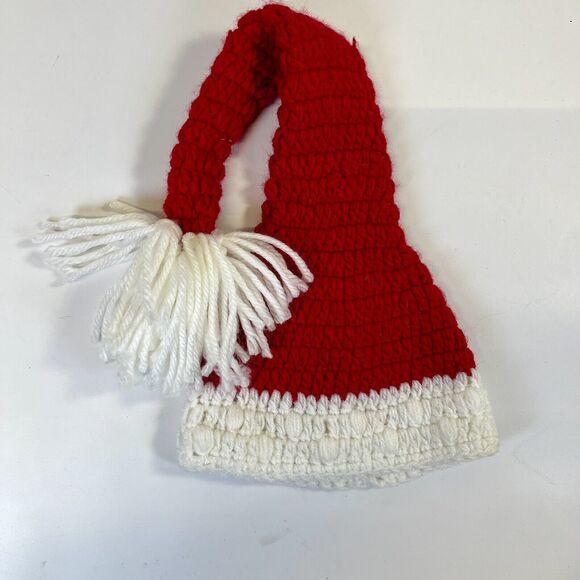 Santa Christmas Hat Hand Knit Red W/White Tassel Pompom Newborn-3 Mo. Photo Wear - Picture 4 of 4